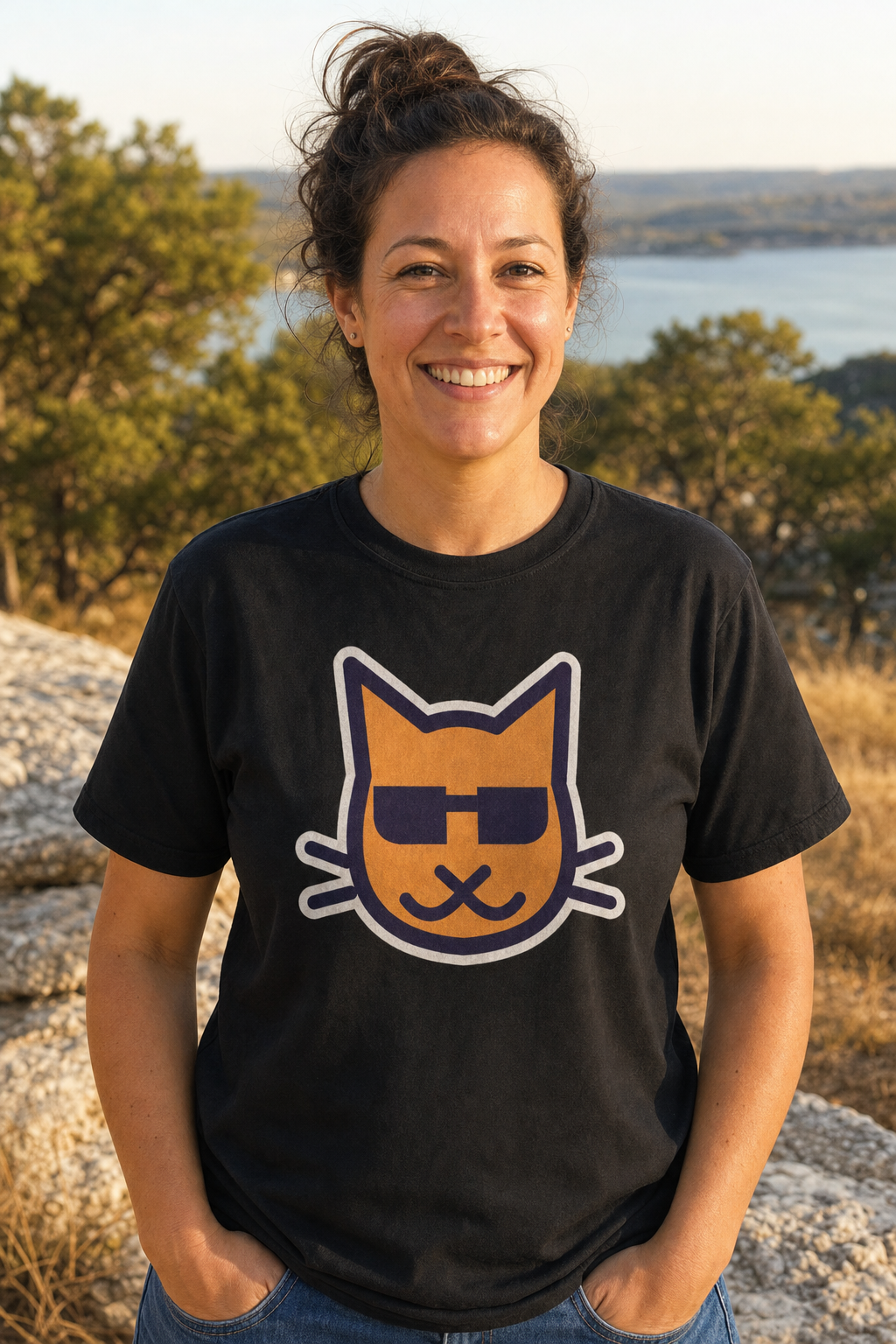 Blind Kitty Tee in Black, worn in the Texas Hill Country (AI-generated scene)