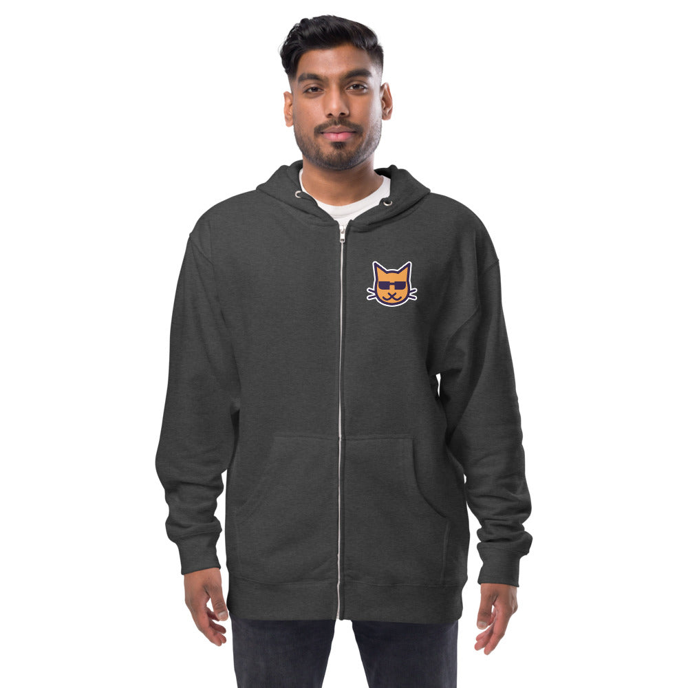 Blind Kitty Zip Hoodie in Charcoal Heather, worn