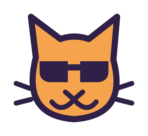 Kitty head die-cut sticker: the orange sunglasses cat in plum outline with a white border