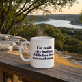 Sunbeams Line Item mug on a porch rail with a Hill Country view (AI-generated scene)