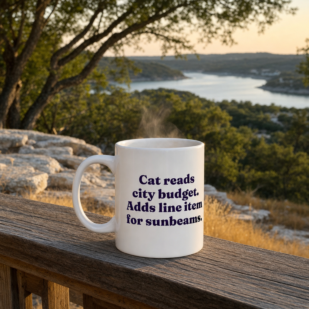 Sunbeams Line Item mug on a porch rail with a Hill Country view (AI-generated scene)