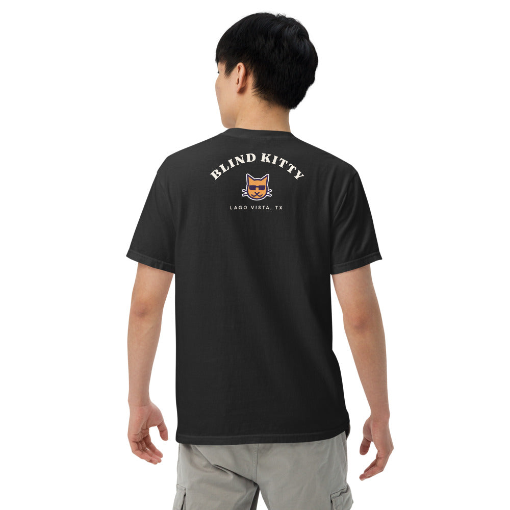 Blind Kitty Tee in Black, back: BLIND KITTY varsity arch, worn