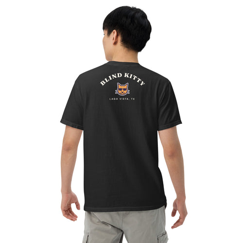 Blind Kitty Tee in Black, back: BLIND KITTY varsity arch, worn